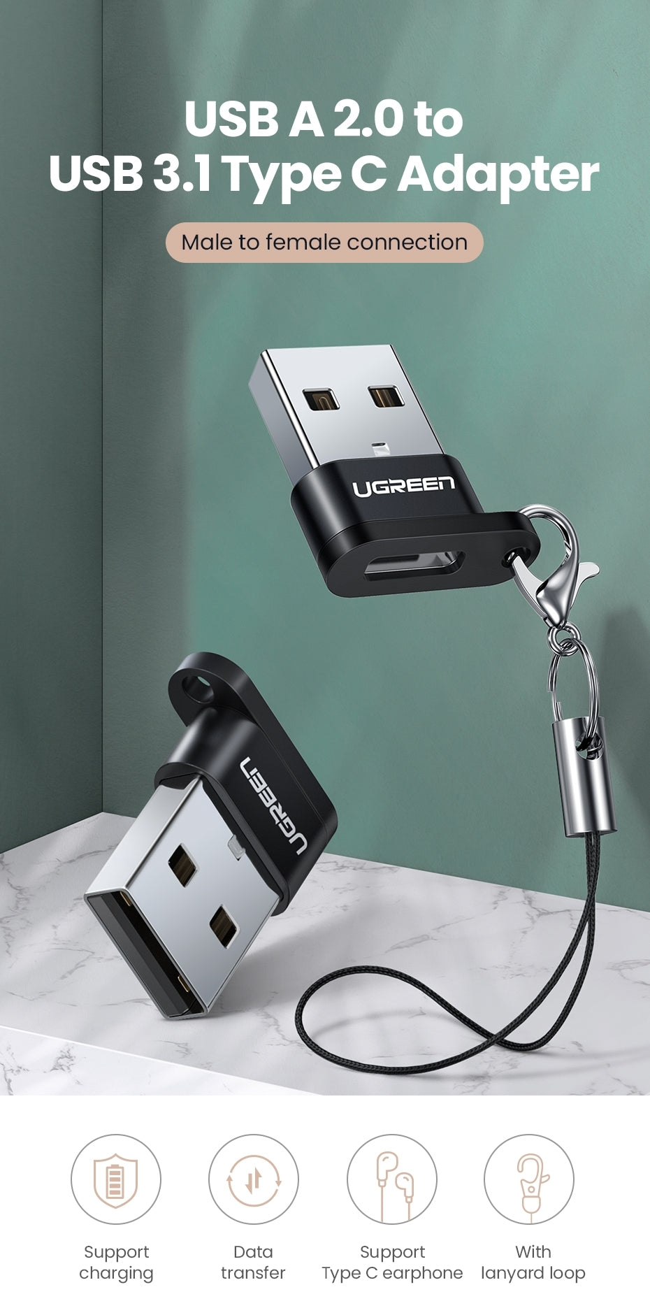UGREEN 50568 USB-C 3.1 Female to USB-A 2.0 Male Adapter - SuperSaverAU - view 3