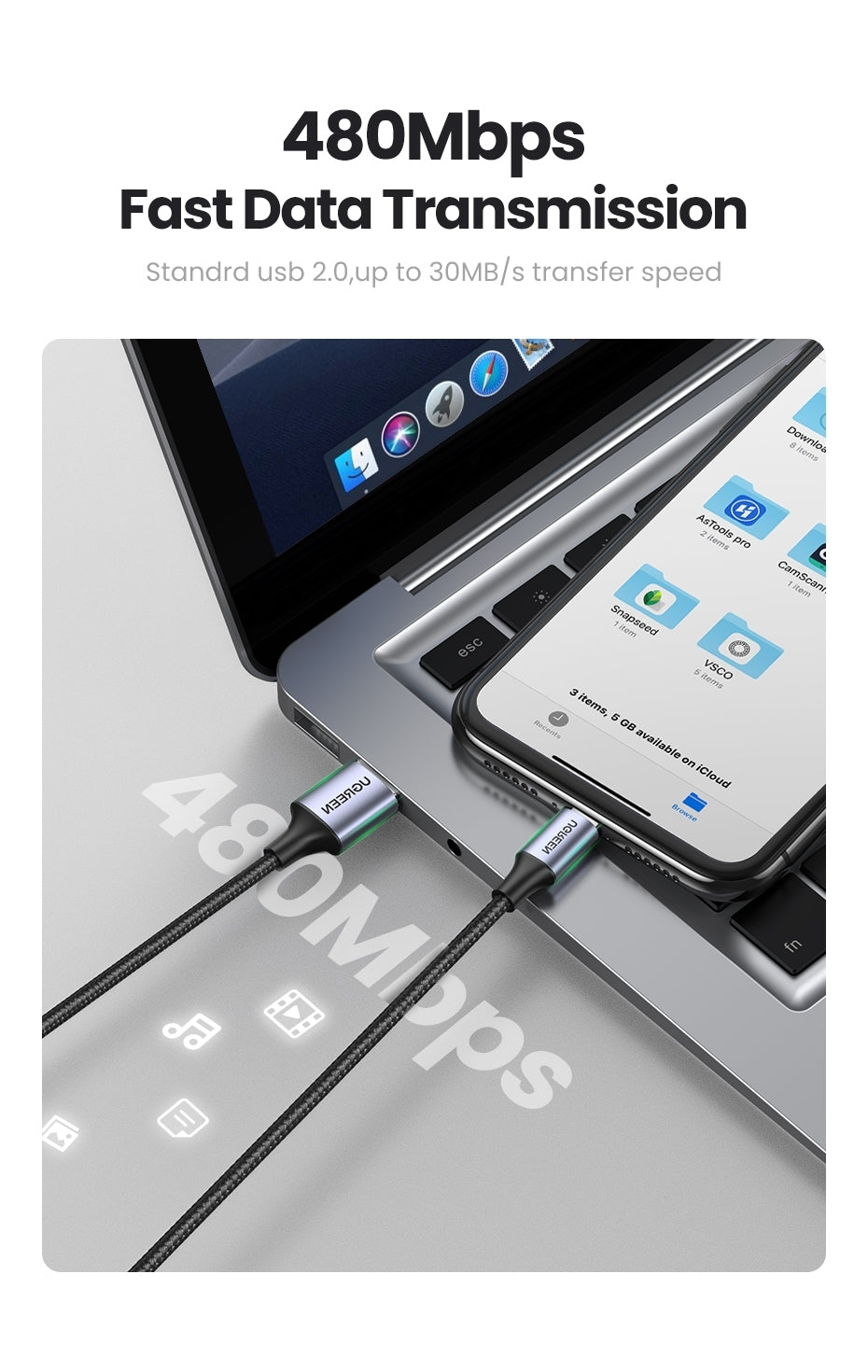 UGREEN 60158 USB-A to 8-pin iPhone Charging Cable 2M Black - SuperSaverAU - view 5