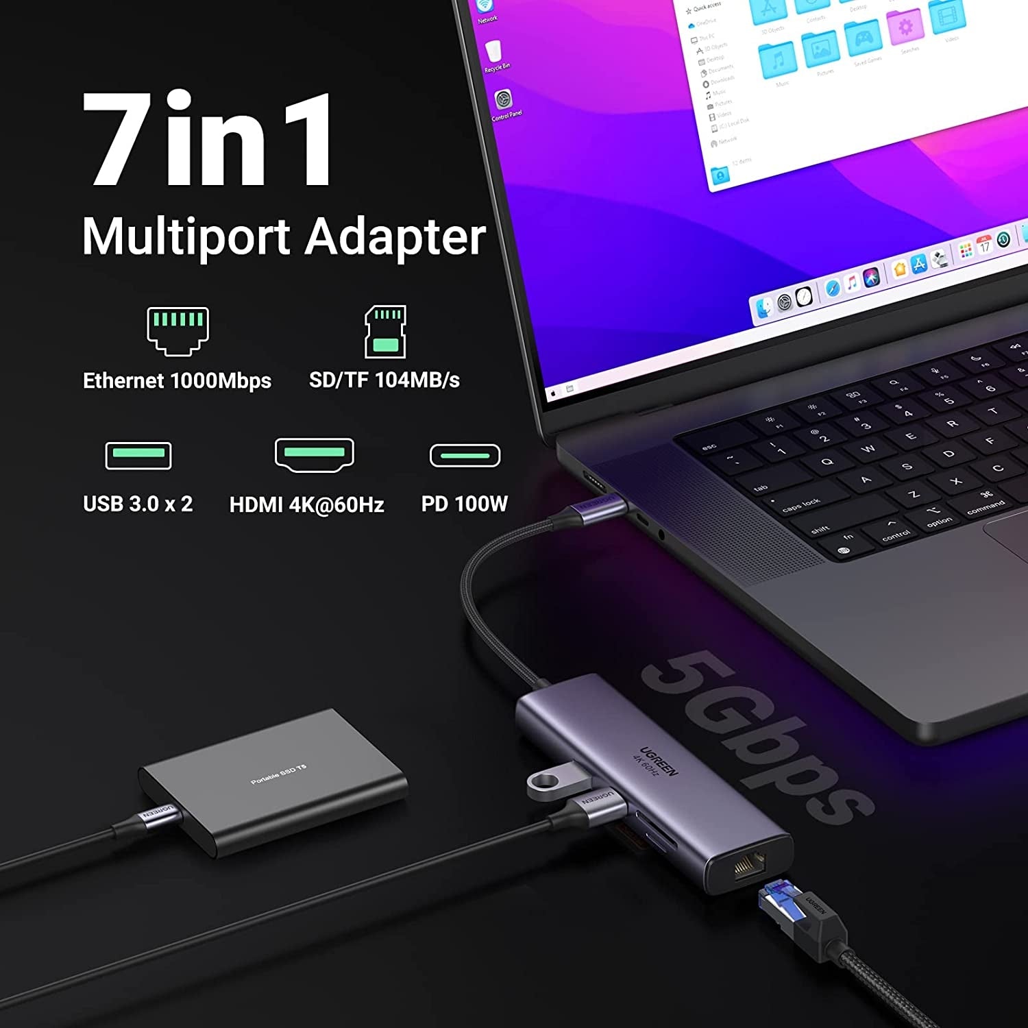 UGREEN 7-in-1 USB-C Hub with 4K HDMI, Ethernet, Card Reader, 100W PD Charging - SuperSaverAU - view 2
