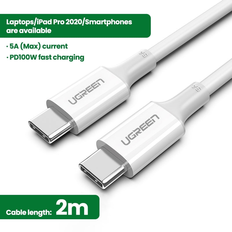 UGREEN 60552 USB-C 2.0 to TYPE-C Male to Male Data Cable 5A 2M White - SuperSaverAU - view 2