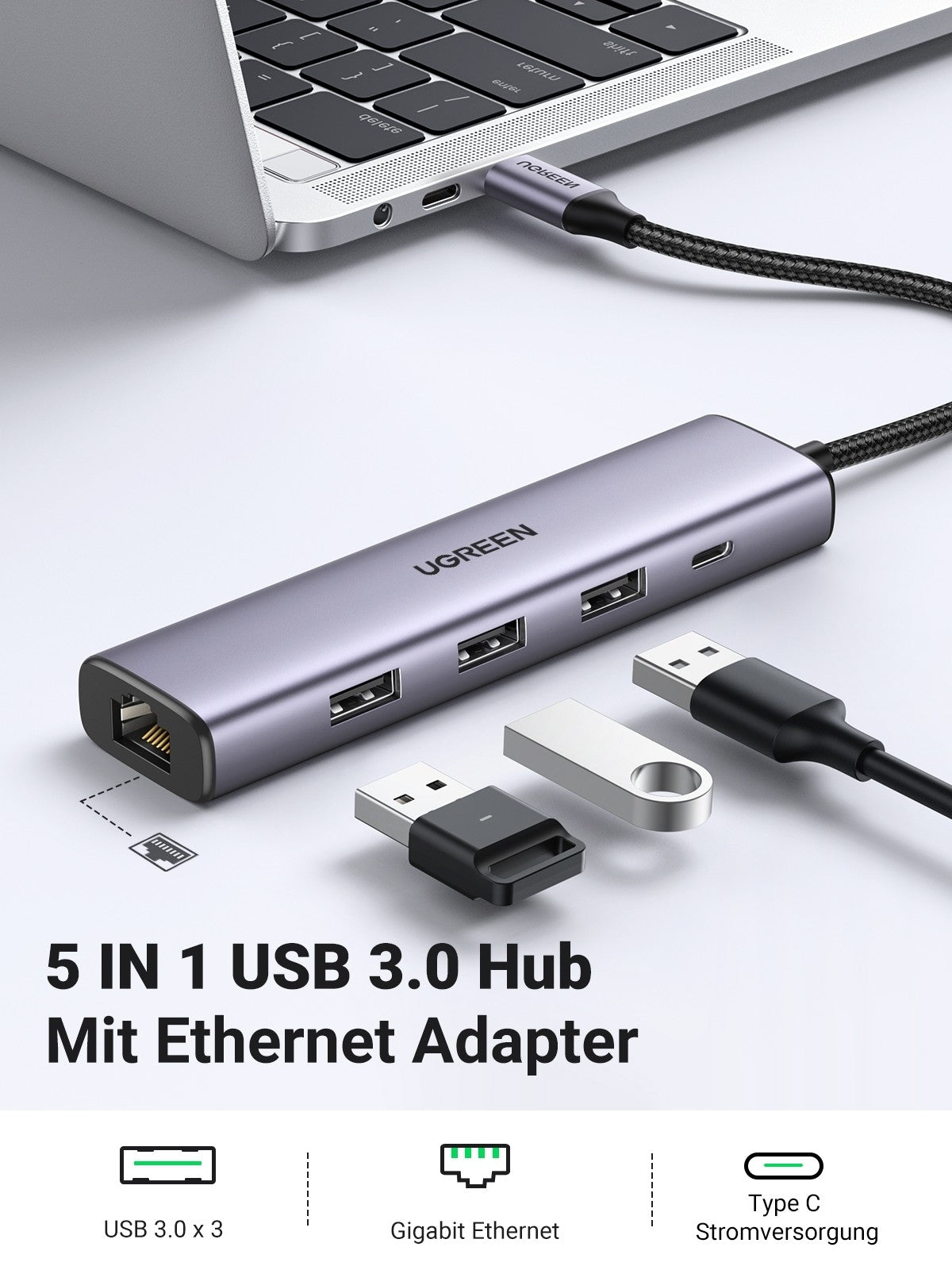 UGREEN 60554 USB 3.0 to Ethernet Adapter 5 in 1 Multiport Hub with Gigabit RJ45 - SuperSaverAU - view 4
