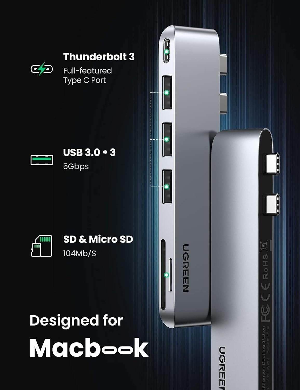 UGREEN 60560 USB-C Hub for MacBook Aluminum Type-C Adapter with 3 USB 3.0 100W - SuperSaverAU - view 3
