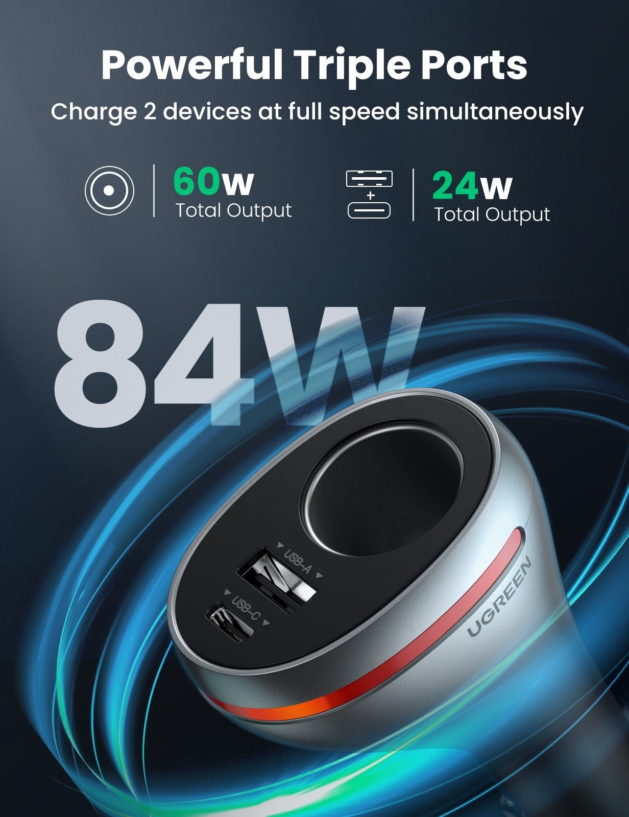 UGREEN 60712 84W Dual Port Car Charger - Space Grey