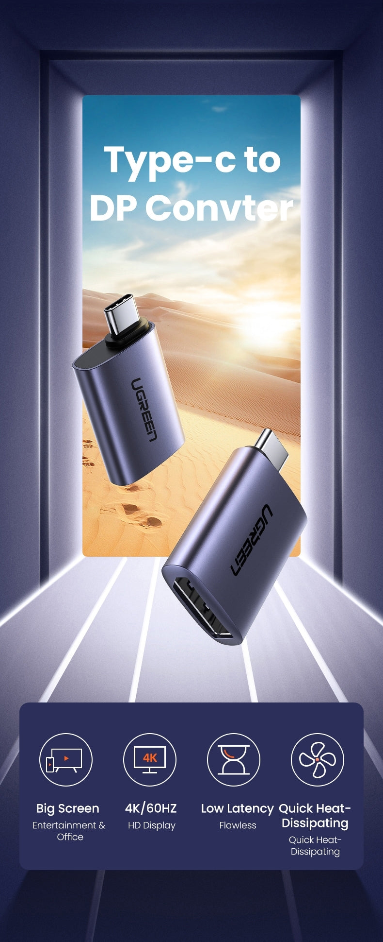 UGREEN USB-C Male to DP Female Adapter 4K/2K 60Hz Aluminum Case Compact Design - SuperSaverAU - view 2