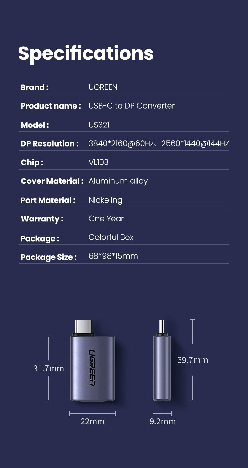 UGREEN USB-C Male to DP Female Adapter 4K/2K 60Hz Aluminum Case Compact Design - SuperSaverAU - view 7