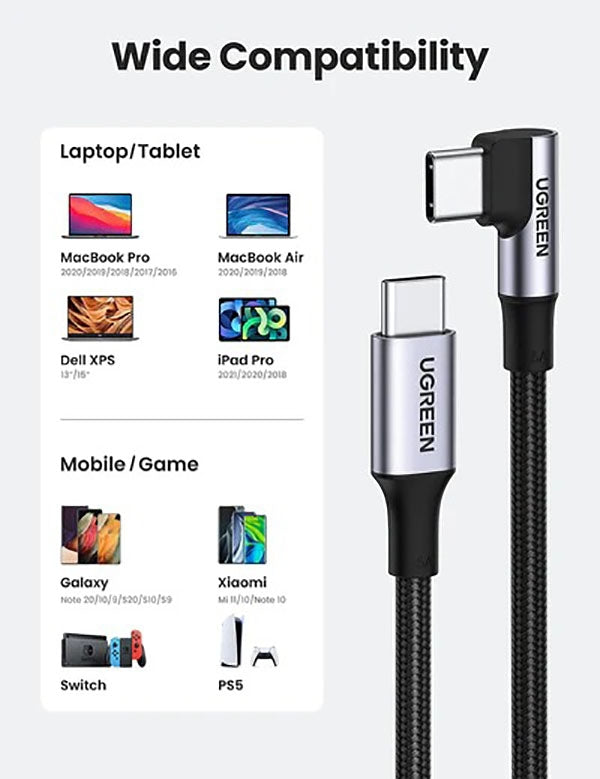 UGREEN 100W Right Angle USB-C to USB-C Cable 2M