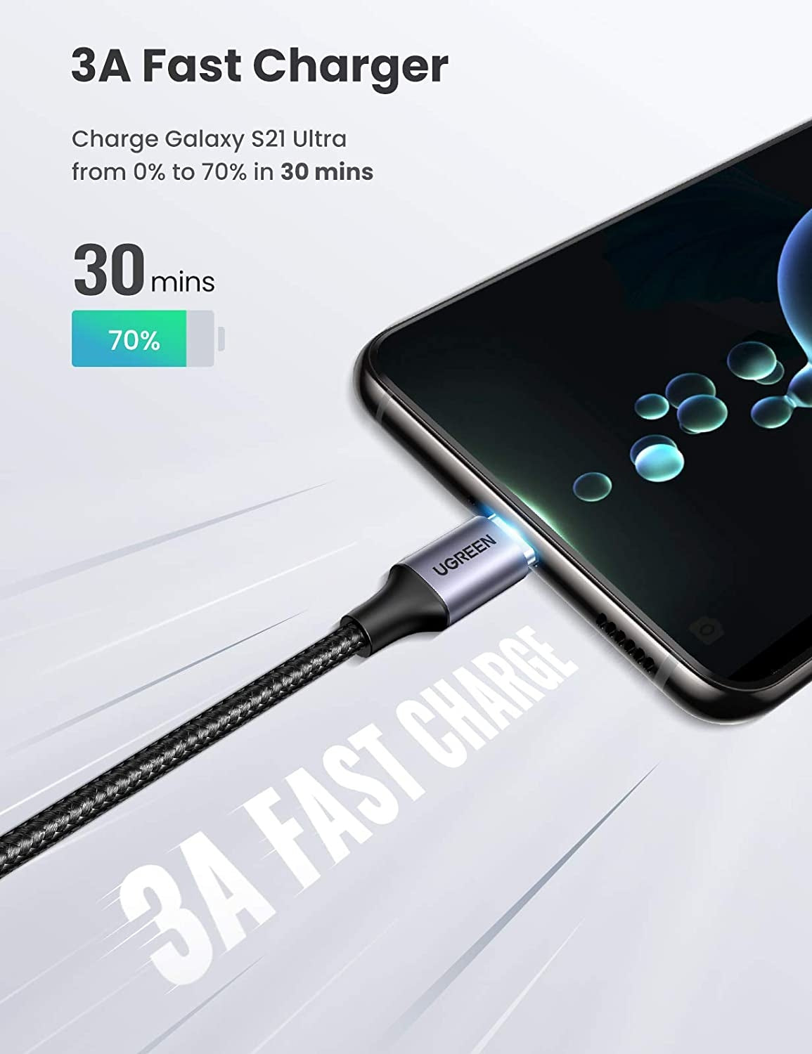 UGREEN 80714 USB-C 2.0 to Angle USB-C Cable Black 3M - SuperSaverAU - view 3