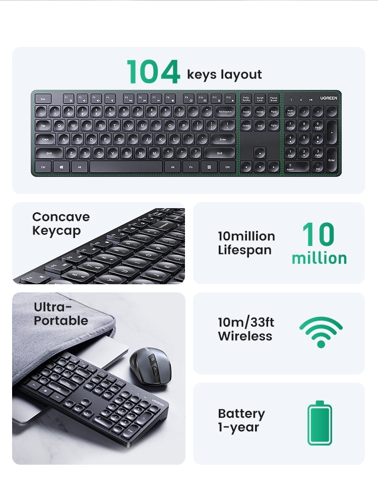 UGREEN 104-Key Wireless Keyboard, 2.4G, ANSI Layout, Red LED, 10m Range