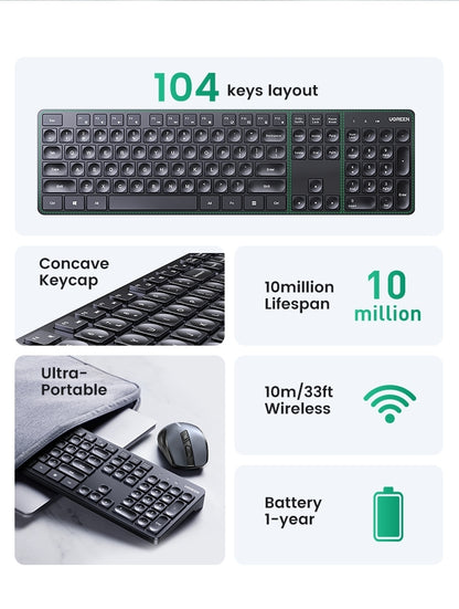 UGREEN 104-Key Wireless Keyboard, 2.4G, ANSI Layout, Red LED, 10m Range