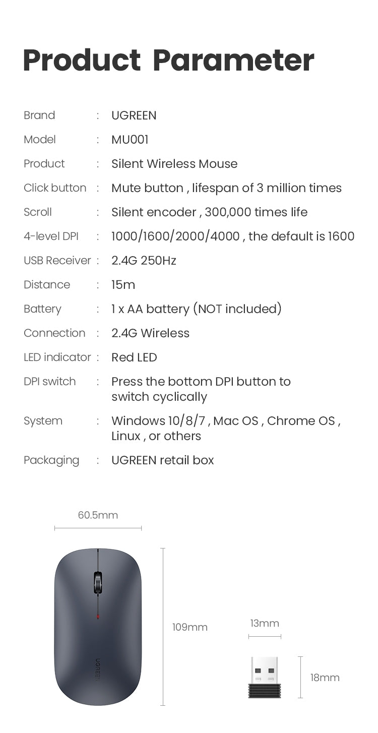 UGREEN Slim 2.4G Wireless Mouse - 4-Level Adjustable DPI, Ultra Silent, Portable - SuperSaverAU - view 5