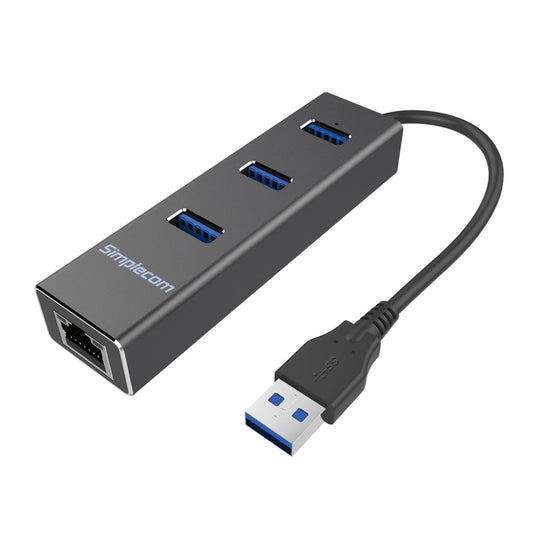 Simplecom Aluminium USB 3.0 Hub with 3 Ports & Gigabit Ethernet Adapter 1000Mbps Black