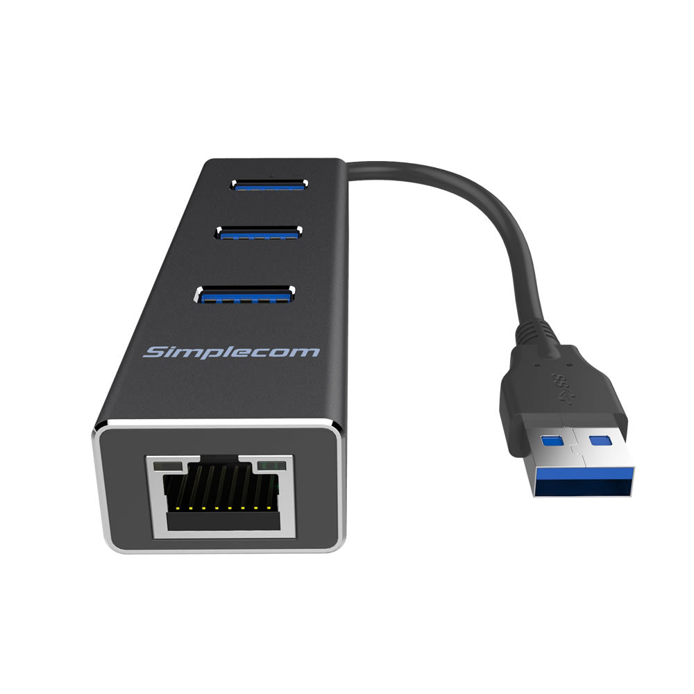 Simplecom Aluminium USB 3.0 Hub with 3 Ports & Gigabit Ethernet Adapter 1000Mbps Black