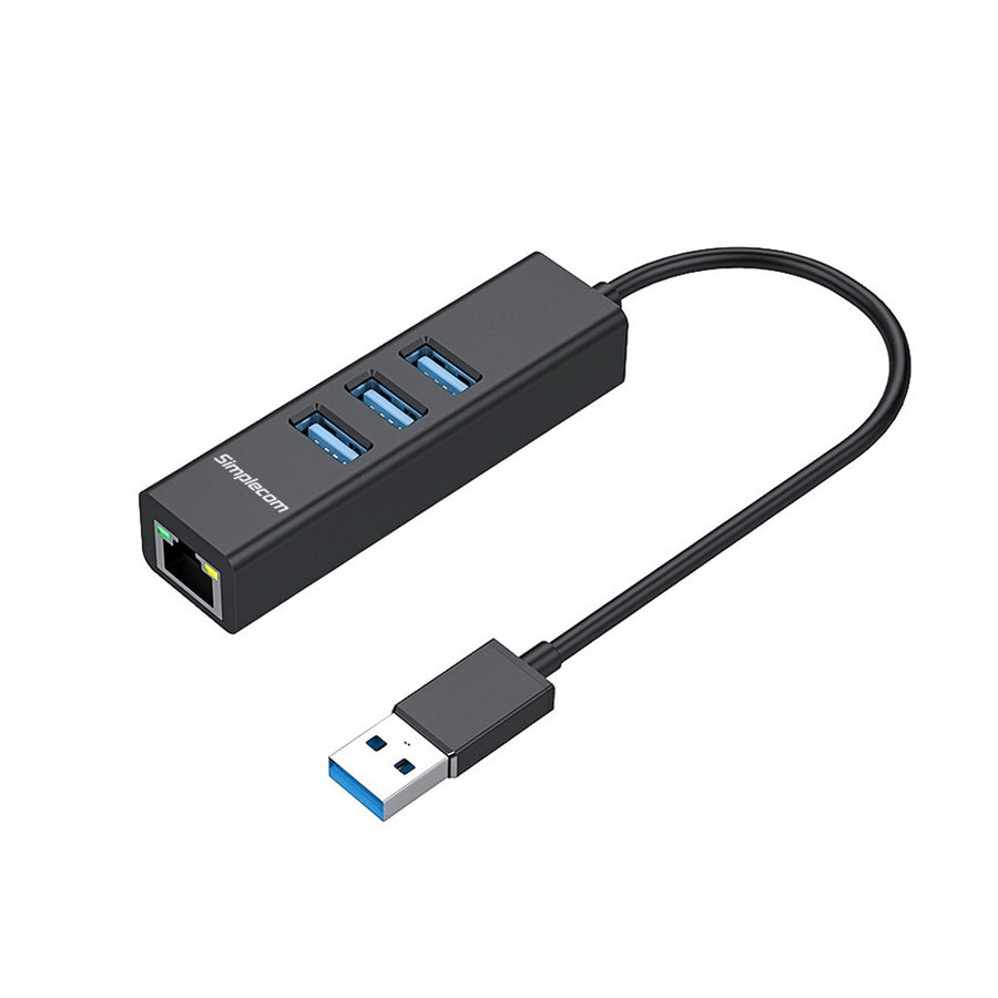 Simplecom CHN420 Aluminium 3 Port SuperSpeed USB HUB with Gigabit Ethernet Adapter Black - SuperSaverAU - view 1
