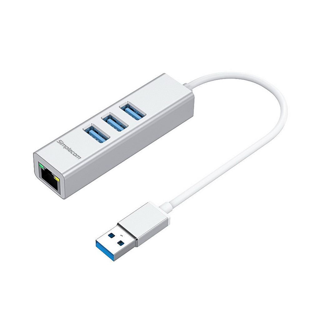 Simplecom CHN420 Aluminium 3-Port USB 3.0 Hub with Gigabit Ethernet Adapter Silver - SuperSaverAU - view 1