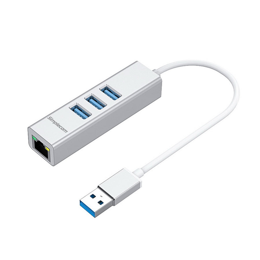 Simplecom CHN420 Aluminium 3-Port USB 3.0 Hub with Gigabit Ethernet Adapter Silver - SuperSaverAU - view 1