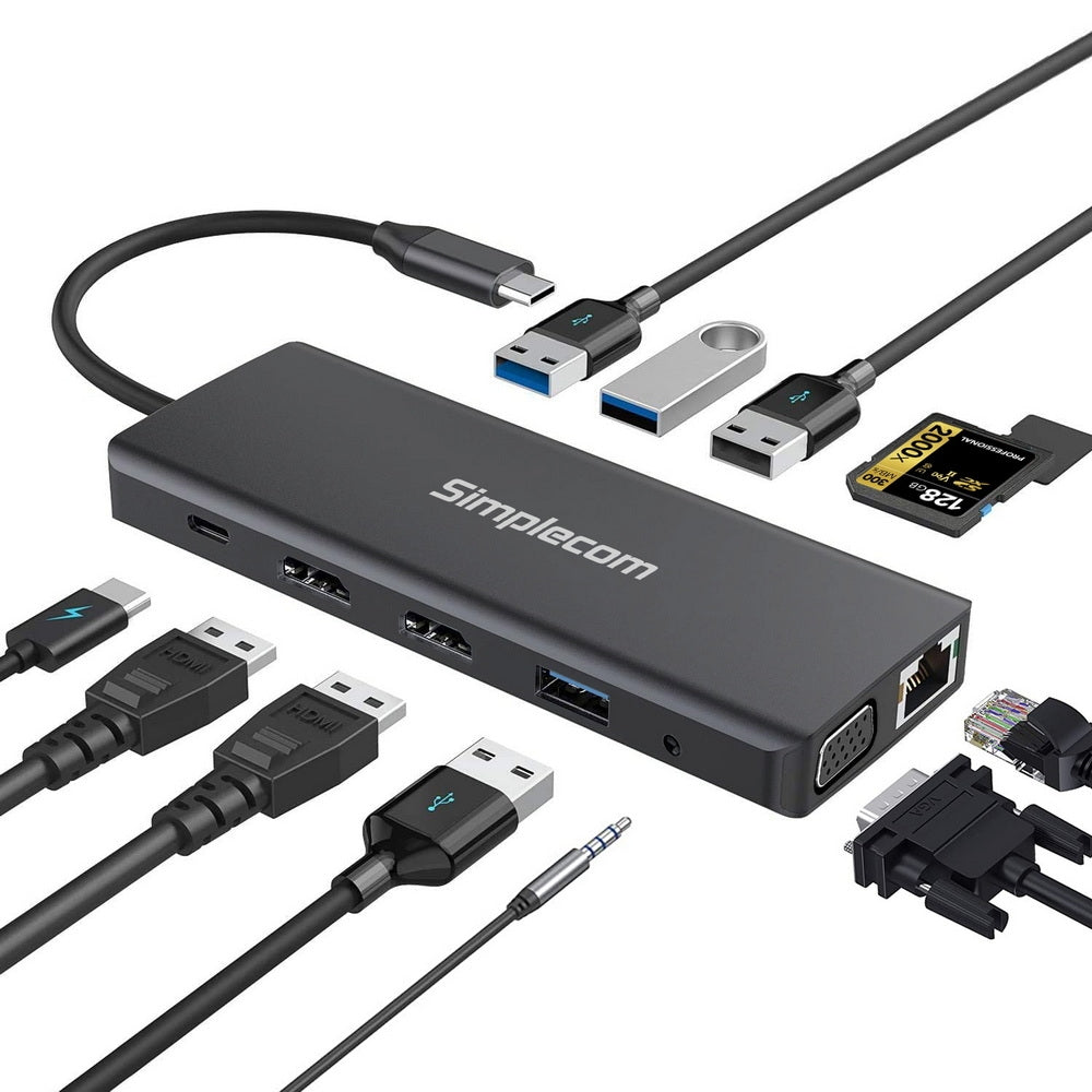 Simplecom CHN612 USB-C 12-in-1 Multiport Docking Station Dual HDMI + VGA Triple Display Gigabit LAN - SuperSaverAU - view 1