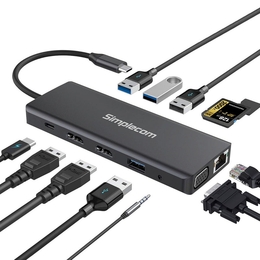 Simplecom CHN612 USB-C 12-in-1 Multiport Docking Station Dual HDMI + VGA Triple Display Gigabit LAN - SuperSaverAU - view 1
