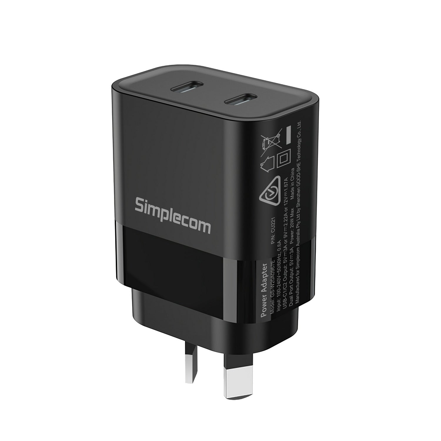Simplecom CU221 Dual USB-C Fast Wall Charger PD 20W for Phone Tablet - SuperSaverAU - view 1