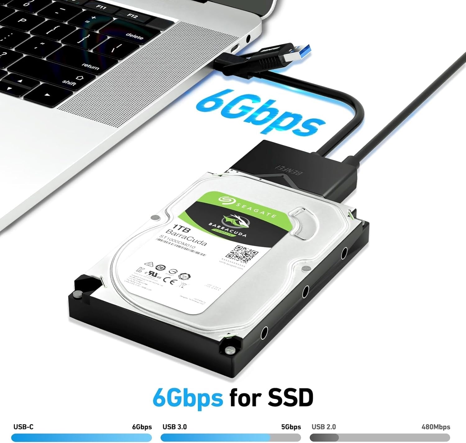 BENFEI 221BK USB 3.0 to SATA III Hard Drive Adapter for 2.5/3.5-inch HDD/SSD with 12V/2A Power Adapter, Support UASP - SuperSaverAU - view 3