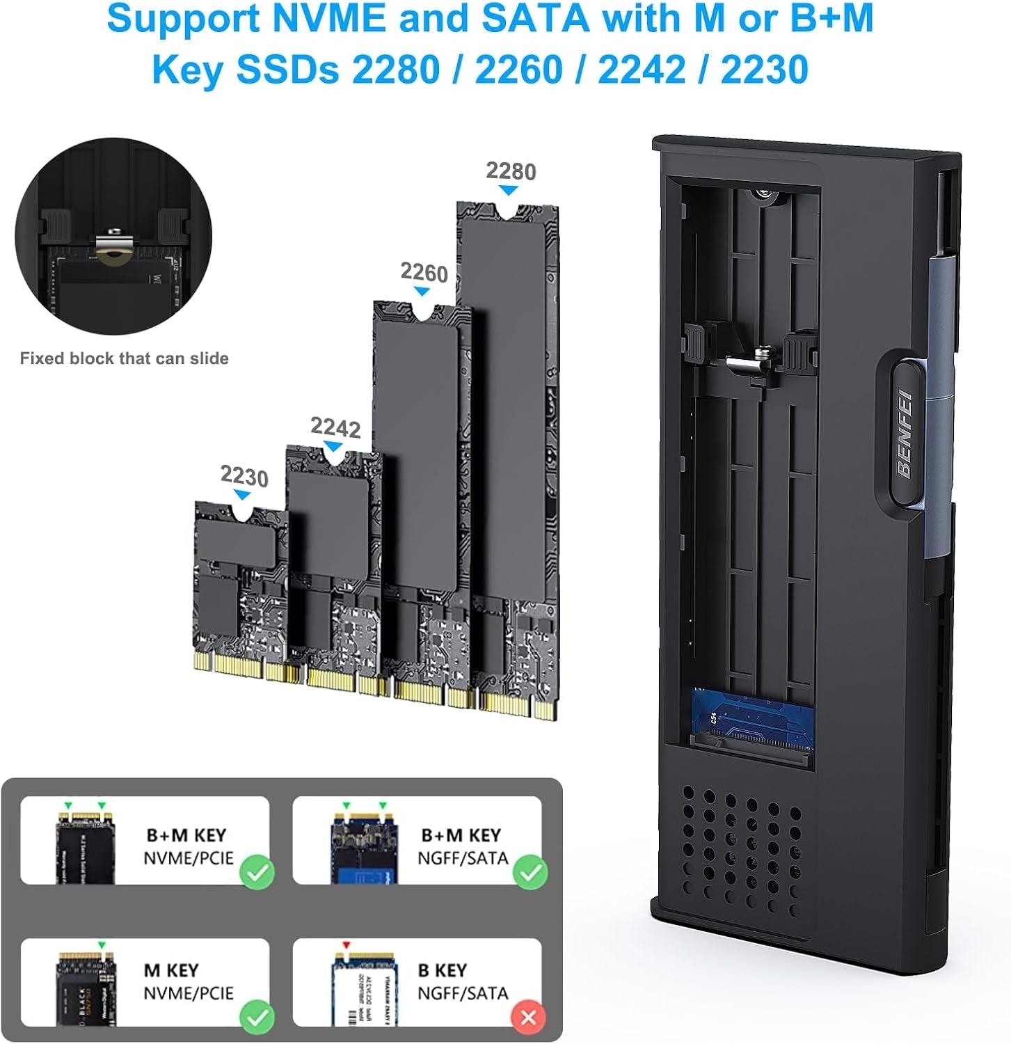 BENFEI 345GY M.2 NVME SATA SSD Enclosure, 10 Gbps USB Type-C/Type-A to NVME PCI-E SATA M-Key/(B+M) - SuperSaverAU - view 4