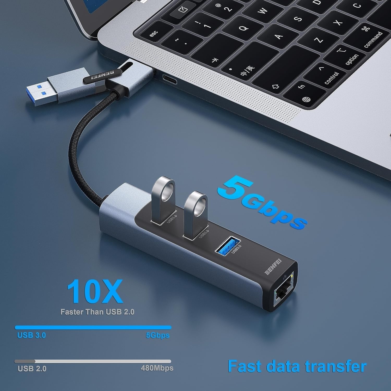 BENFEI 350GY 2-in-1 USB-C+USB 3.0 to RJ45 Gigabit Ethernet Port + 3-Port USB 3.0 HUB - SuperSaverAU - view 4