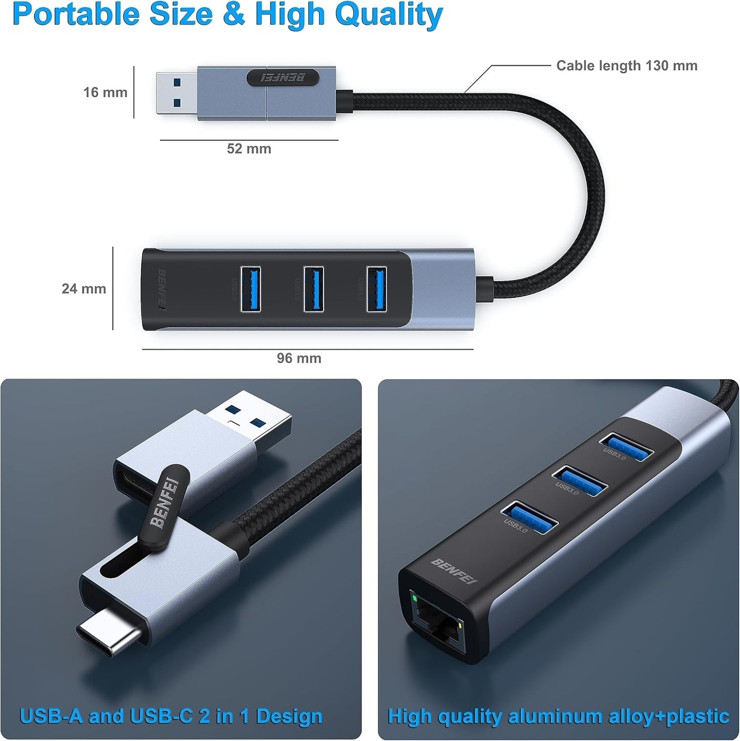 BENFEI 350GY 2-in-1 USB-C+USB 3.0 to RJ45 Gigabit Ethernet Port + 3-Port USB 3.0 HUB