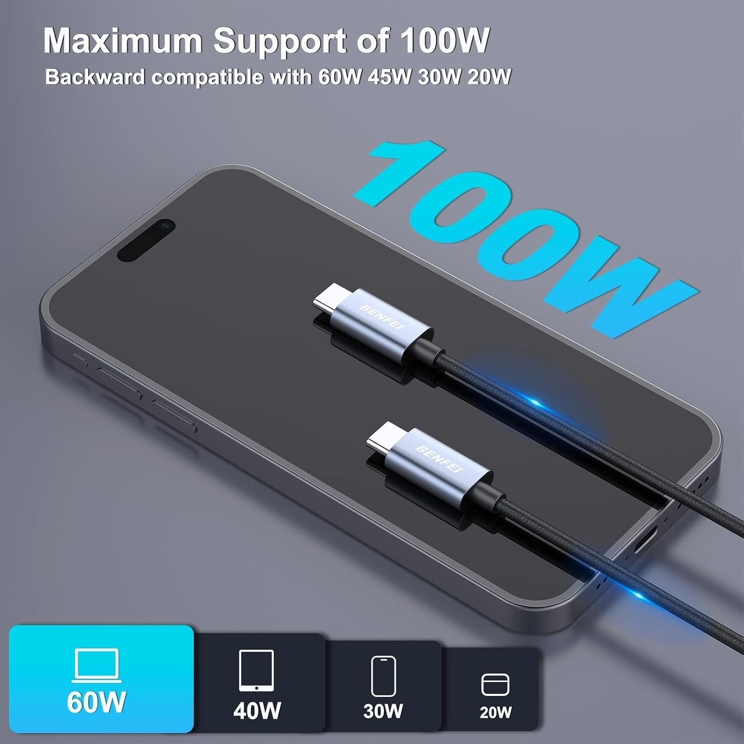 BENFEI 351SL-6F 100W USB-C to USB-C Fast Charging Cable Aluminum Shell Tangle-Free Silicone - SuperSaverAU - view 3