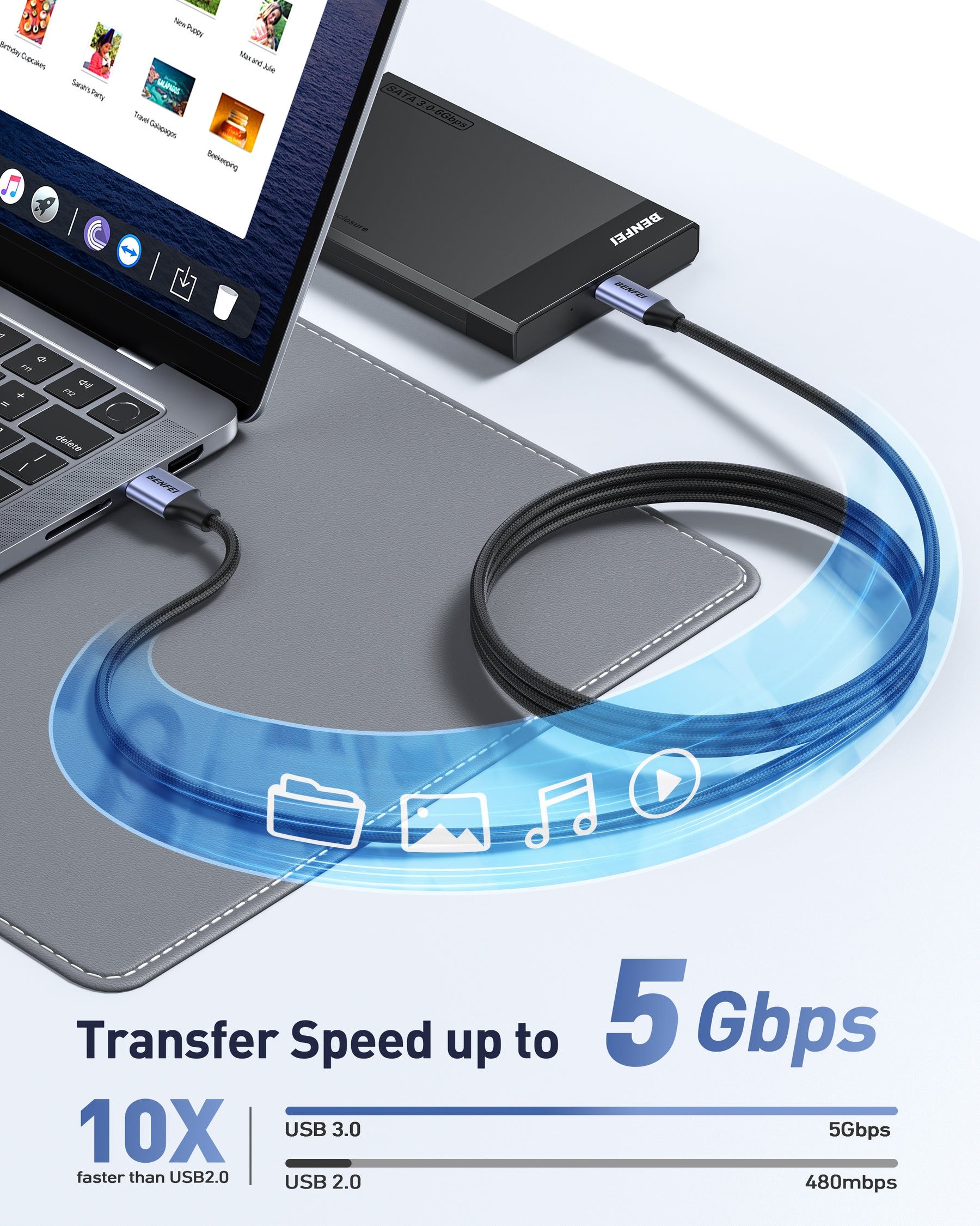 BENFEI 369GY 3M USB 3.0 to USB C Cable, 5Gbps High-Speed Data Sync & 3A Charging - SuperSaverAU - view 4