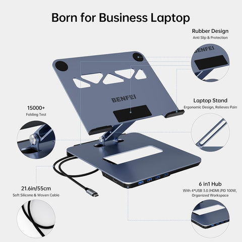 BENFEI 380GY Laptop Stand with USB C 6 in1 4K@60Hz HDMI, 4 x USB3.0, 100W PD Docking Station - SuperSaverAU - view 2