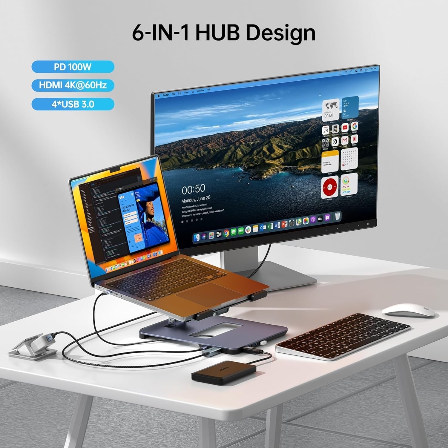 BENFEI 380GY Laptop Stand with USB C 6 in1 4K@60Hz HDMI, 4 x USB3.0, 100W PD Docking Station - SuperSaverAU - view 5