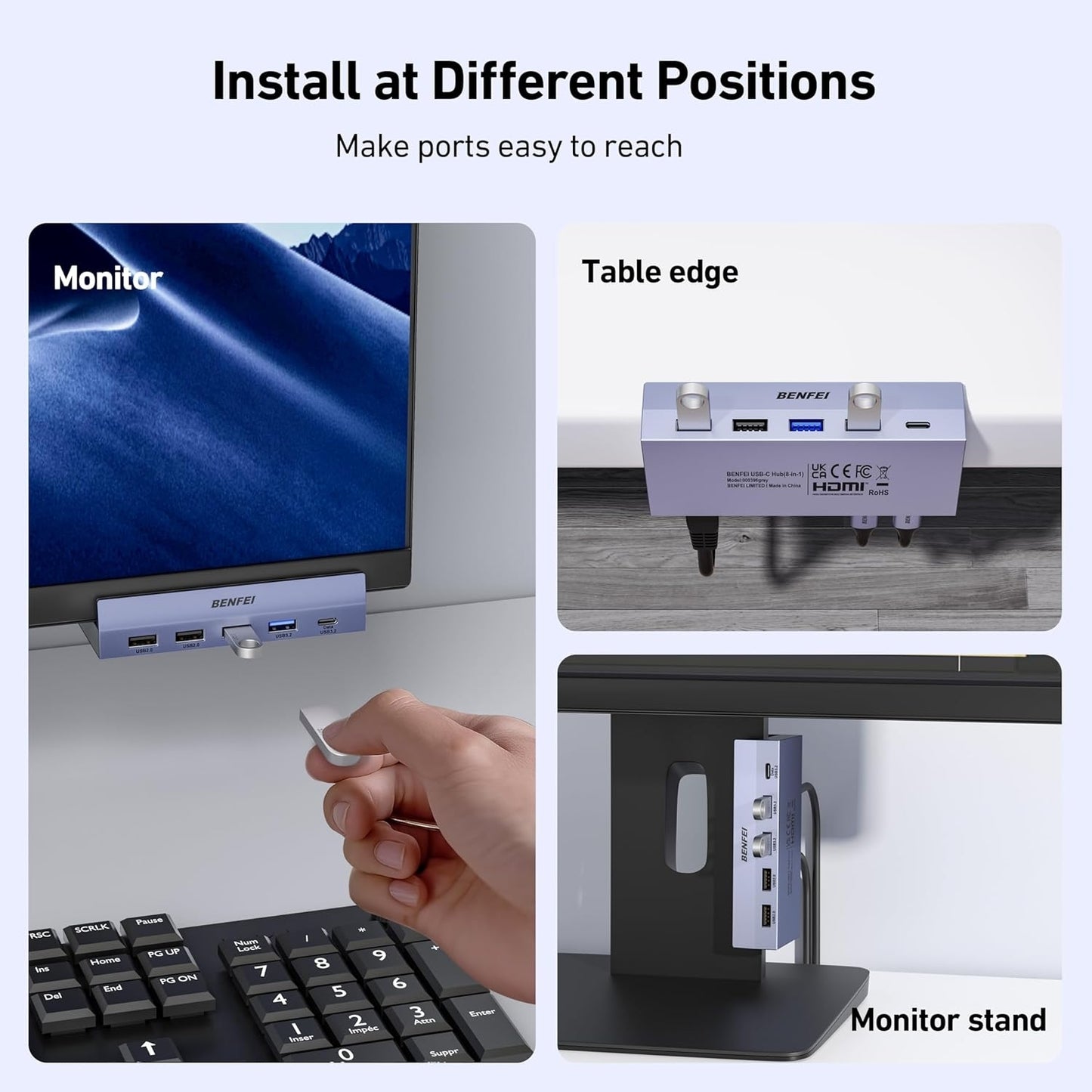 BENFEI 396GY USB-C 8-in-1 Docking HDMI 4K/60Hxz+USB-C(10G)+2xUSB-A(10G)+2xUSB2.0+RJ45+PD100W