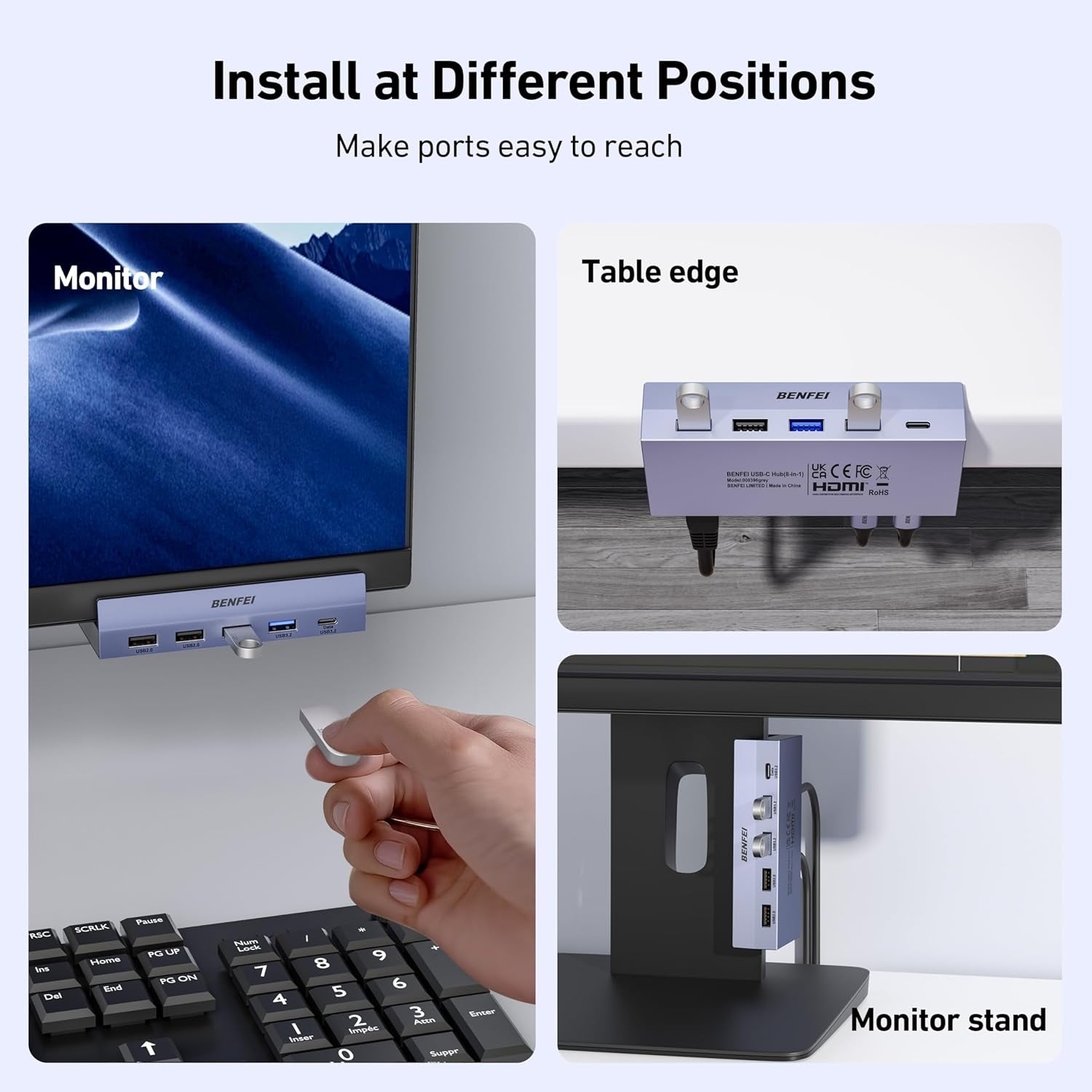 BENFEI 396GY USB-C 8-in-1 Docking HDMI 4K/60Hxz+USB-C(10G)+2xUSB-A(10G)+2xUSB2.0+RJ45+PD100W - SuperSaverAU - view 6