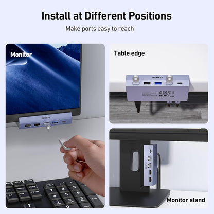 BENFEI 396GY USB-C 8-in-1 Docking HDMI 4K/60Hxz+USB-C(10G)+2xUSB-A(10G)+2xUSB2.0+RJ45+PD100W