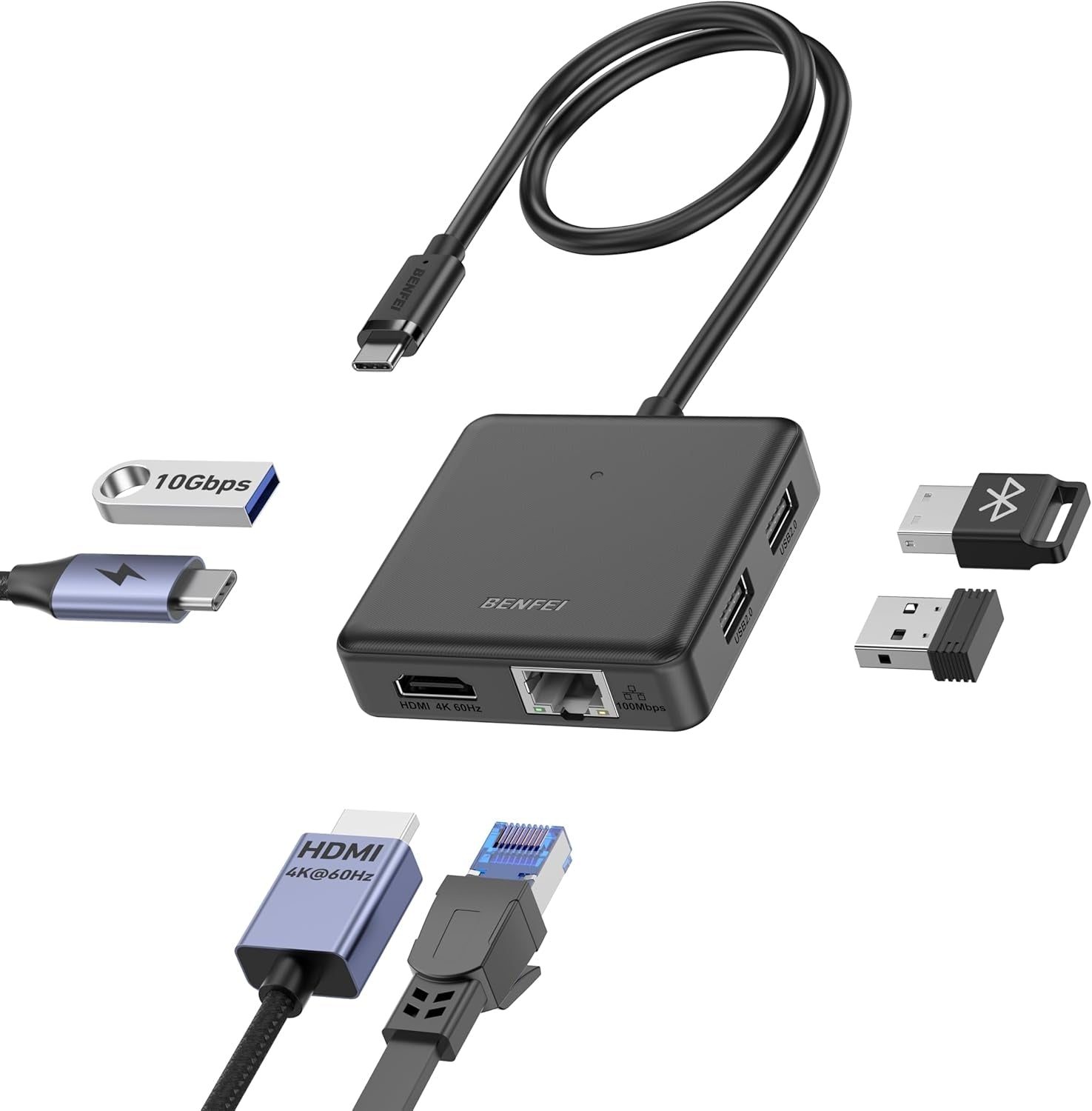 BENFEI 399BK 6-in-1 USB-C HUB to HDMI(8K)+USB3.2(10Gbps)+USB2.0x2+PD100W+RJ45 Black - SuperSaverAU - view 1