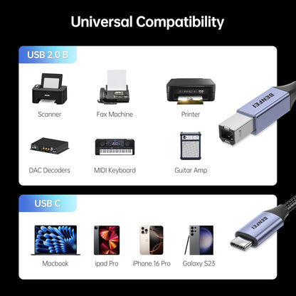 BENFEI 405GY-2M USB B to USB C Printer Cable, Nylon Braided, Premium Aluminium Alloy Case 2M