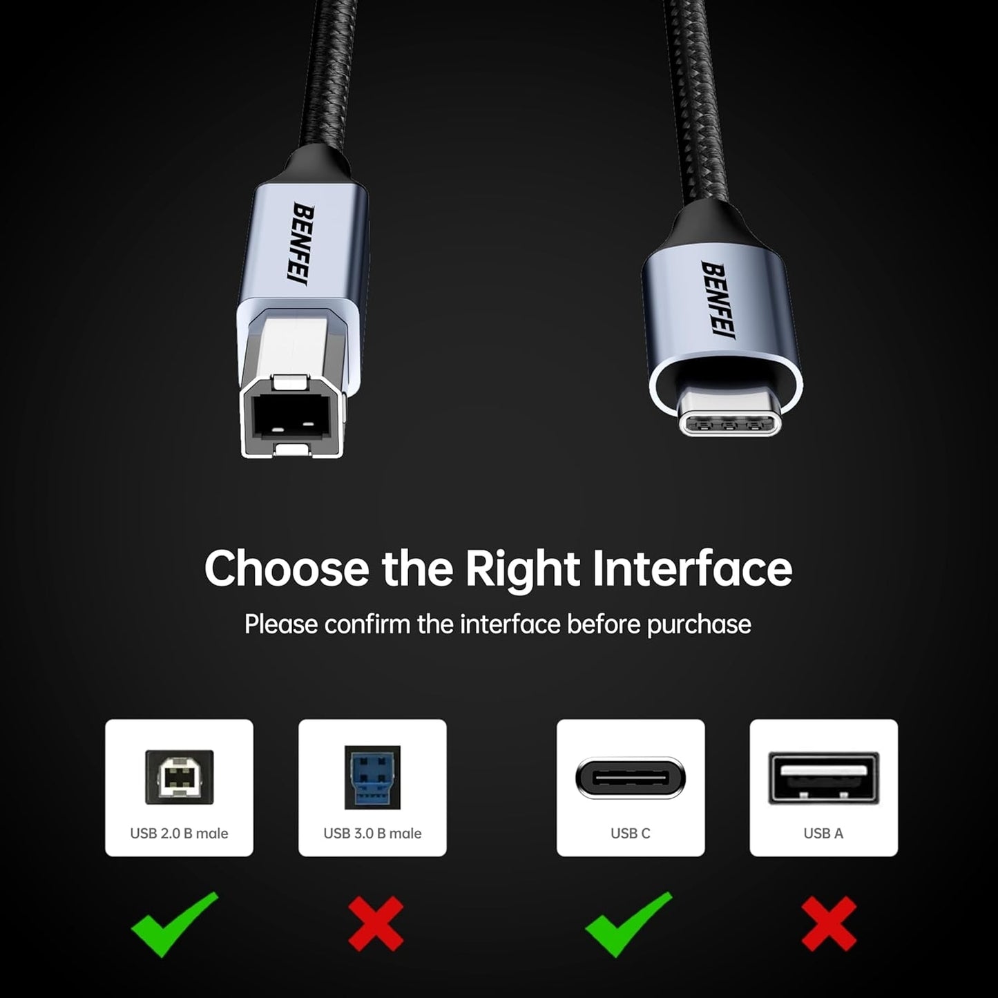 BENFEI 405GY-3M USB B to USB C Printer Cable, Nylon Braided, Premium Aluminium Alloy Case 2M