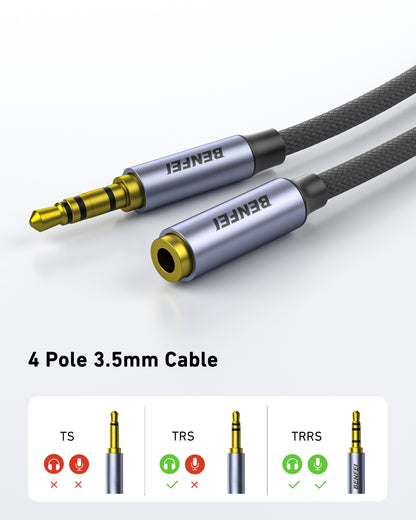BENFEI 421GY 3M 3.5mm Male to Female AUX Extension Cable, TRRS 4-Pole Stereo Audio Jack Cord for Headphones, Microphone, Smartphones, PC, Laptop, Speakers
