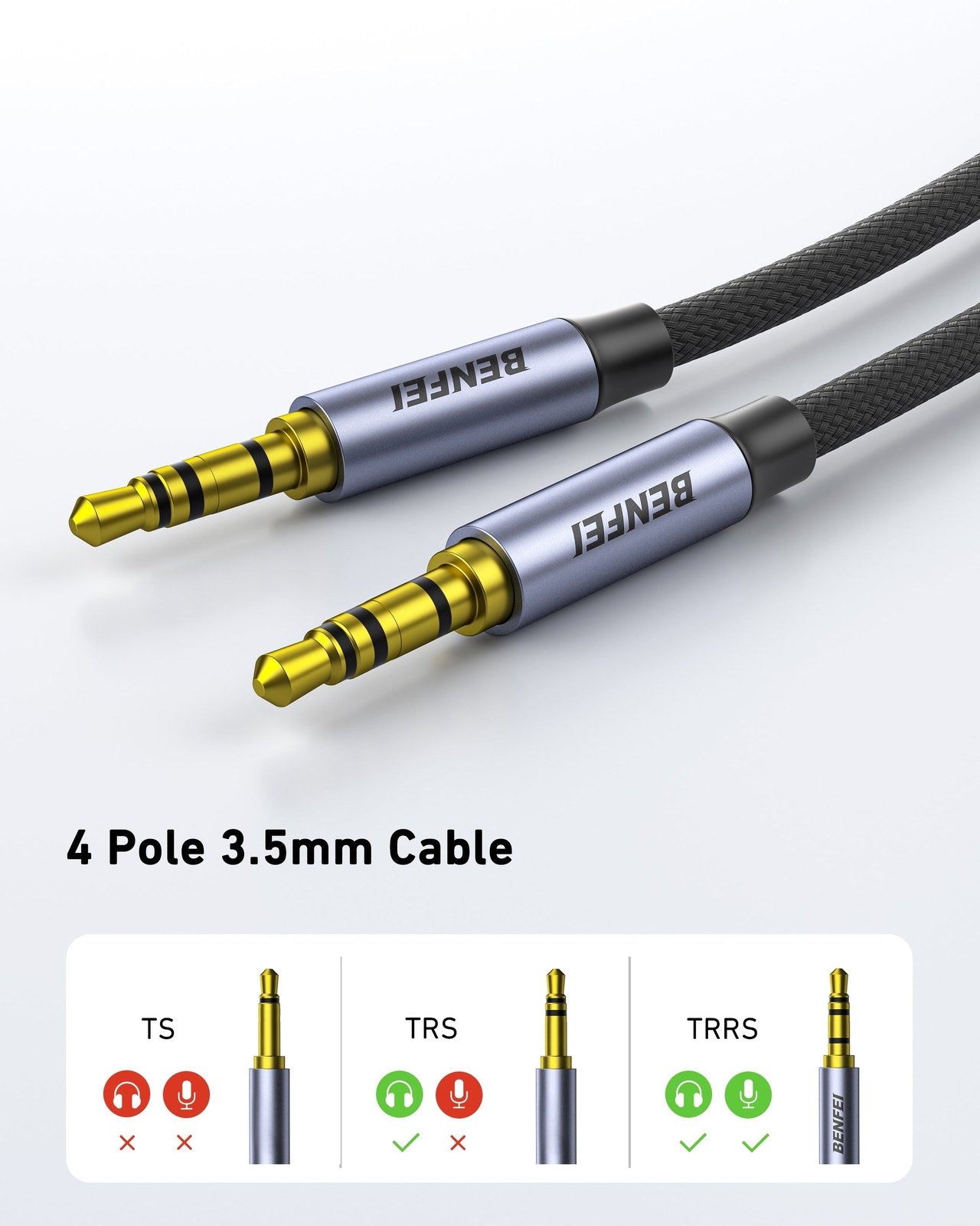 BENFEI 427GY 3M 3.5mm TRRS Male to Male Audio Cable, 4-Pole Stereo Mic Aux Cable, Nylon Braided Headphone Jack Cord - SuperSaverAU - view 3