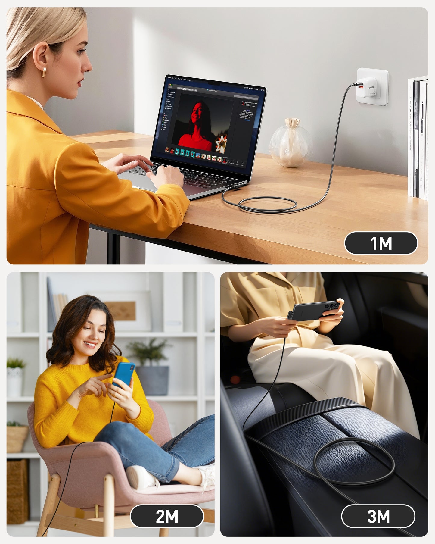 BENFEI 428BK-3M USB C to Right Angle USB C Cable , 90-dgree Angled USB 2.0 Type C Charger Cable, 3A Fast Charging & 480Mbps Data Sync, Durable PVC