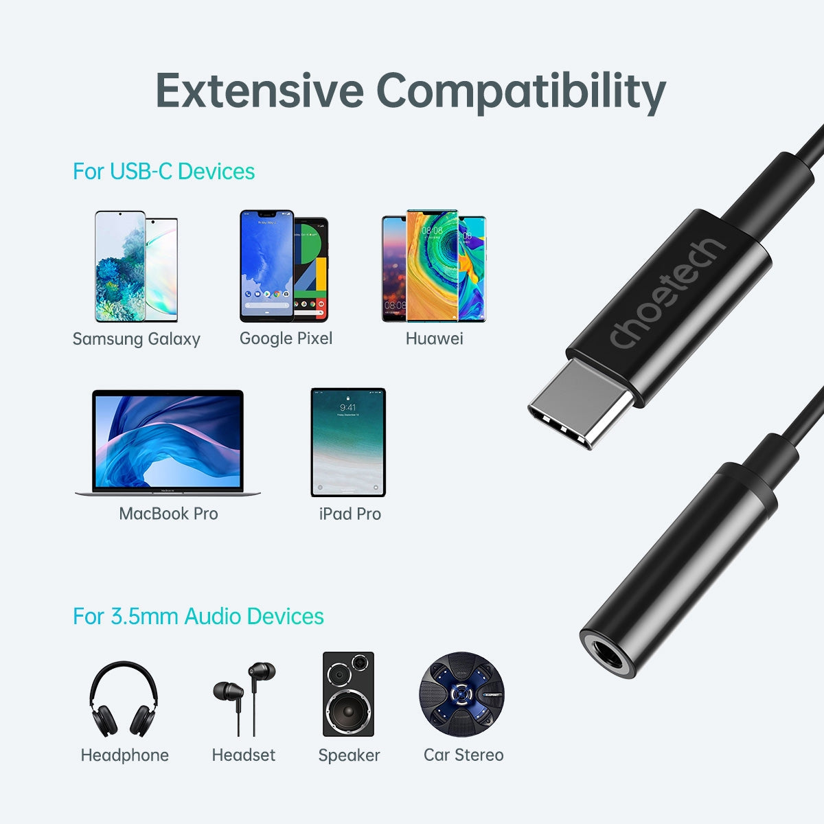 CHOETECH USB-C to 3.5mm Female Headphone Adapter, HiFi Sound, 10cm Length - SuperSaverAU - view 5