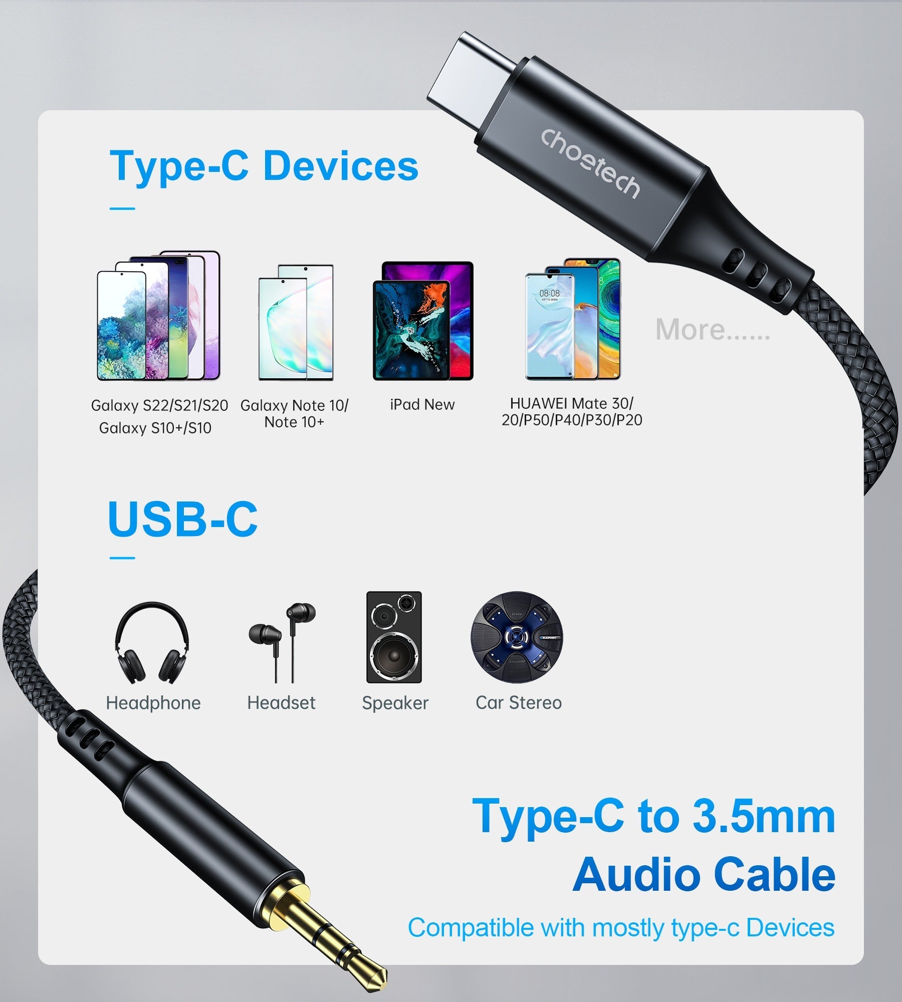 CHOETECH Type-C to 3.5mm AUX Cable 1M, 24bit/96kHz, Durable, Plug and Play - SuperSaverAU - view 2