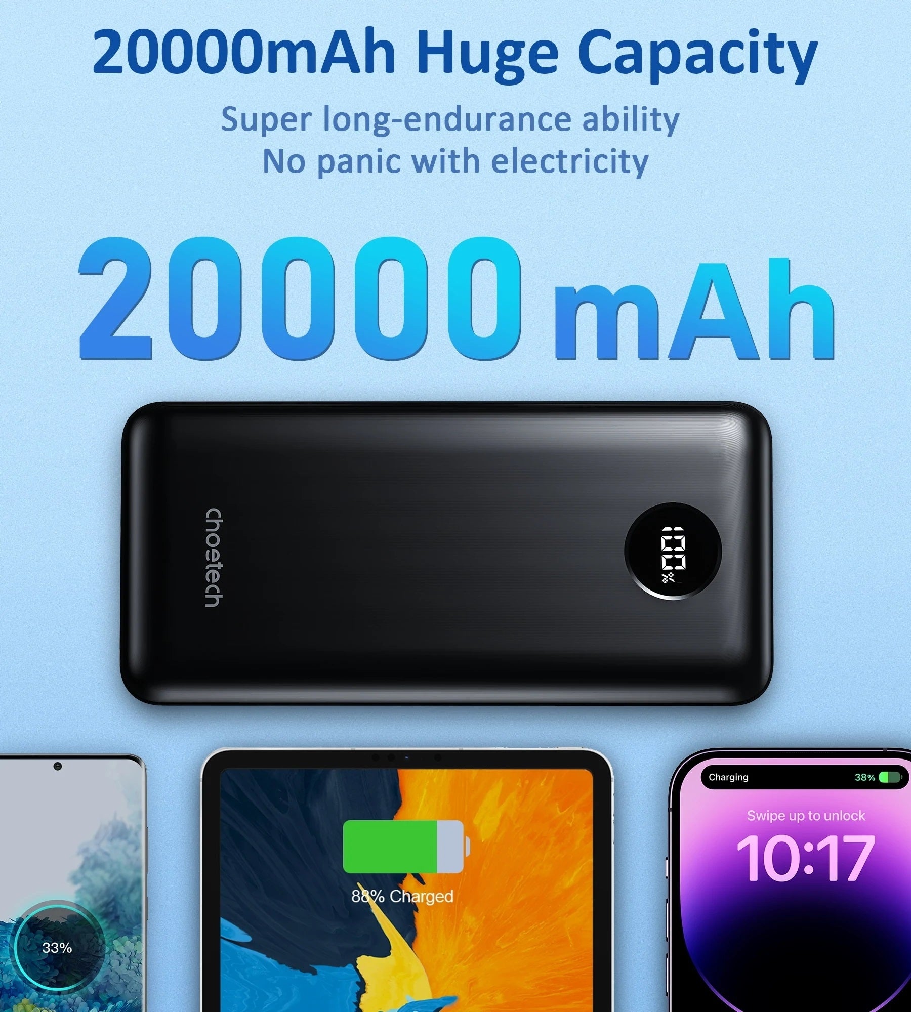Choetech 20000mAh Portable Power Bank, USB-C 45W Fast Charging, 3 Ports - SuperSaverAU - view 9