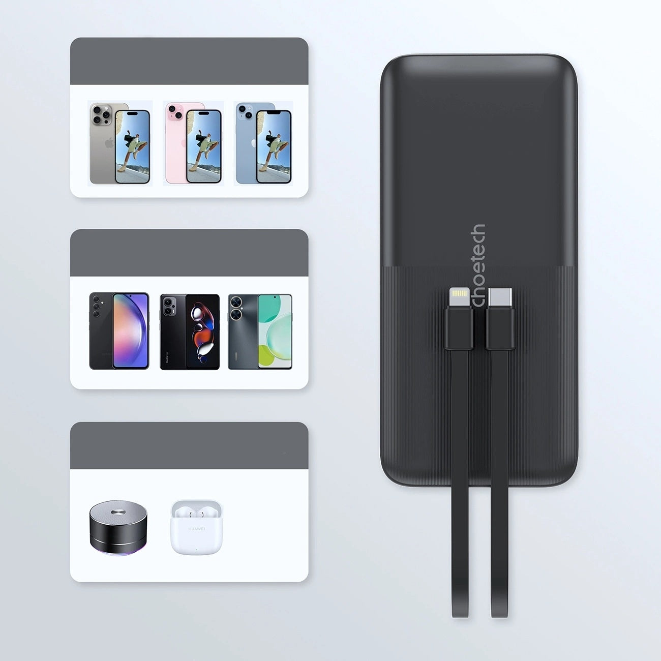 CHOETECH B654 10000mAh Pwer Bank 22.5W USB-A / USB-C / micro USB with built-in USB-C / Lightning cable - black - SuperSaverAU - view 4