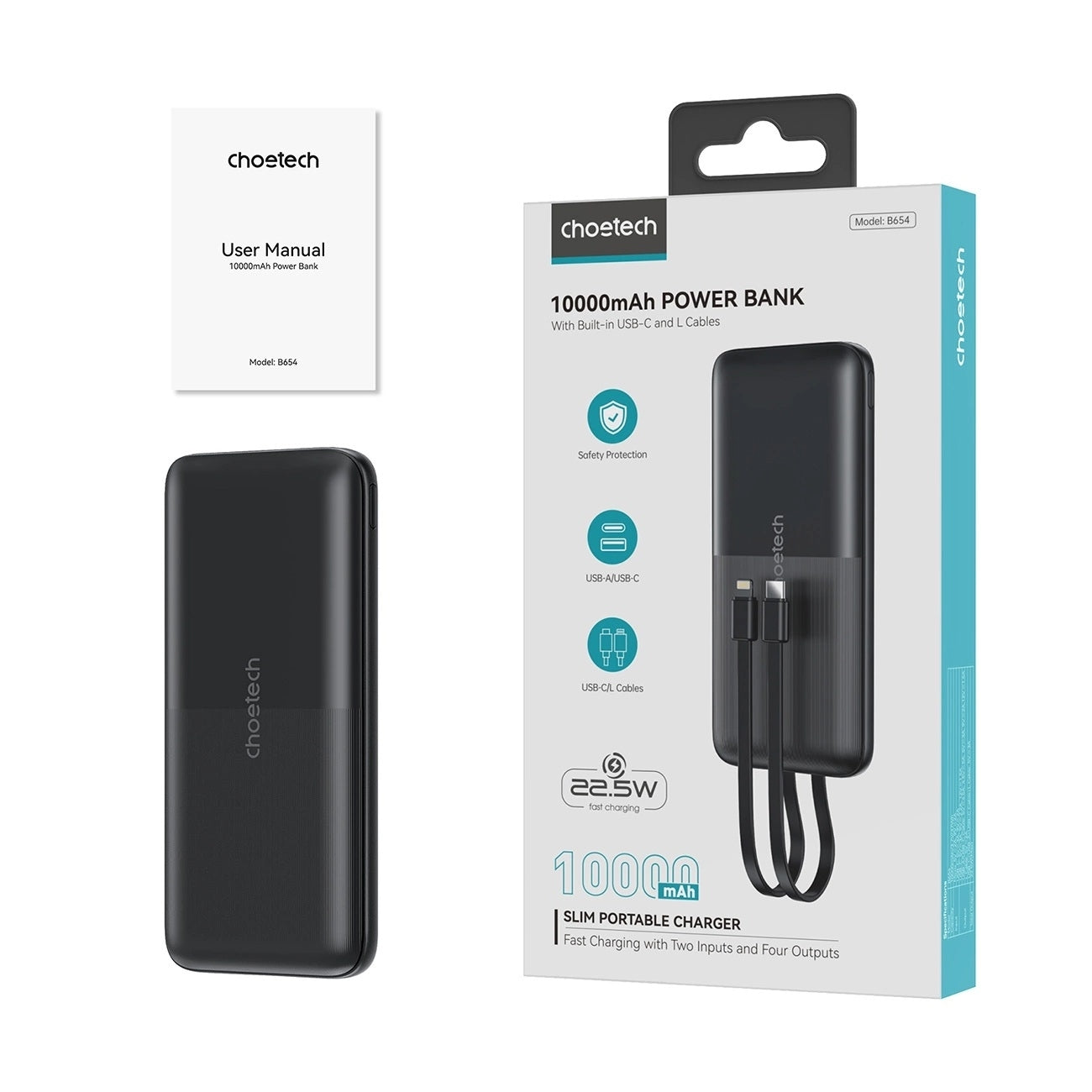 CHOETECH B654 10000mAh Pwer Bank 22.5W USB-A / USB-C / micro USB with built-in USB-C / Lightning cable - black - SuperSaverAU - view 7
