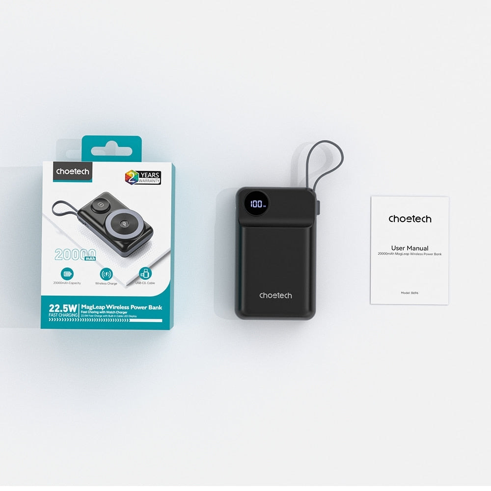 CHOETECH B696-BK 20000mAh 22.5W USB-A + USB-C x 2 + MagLeap Wireless Charge Power Bank Black - SuperSaverAU - view 4