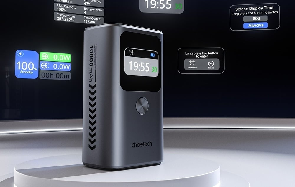 CHOETECH B701 10000mAh PD30W 3-Port Power Bank with TFT Display - Grey