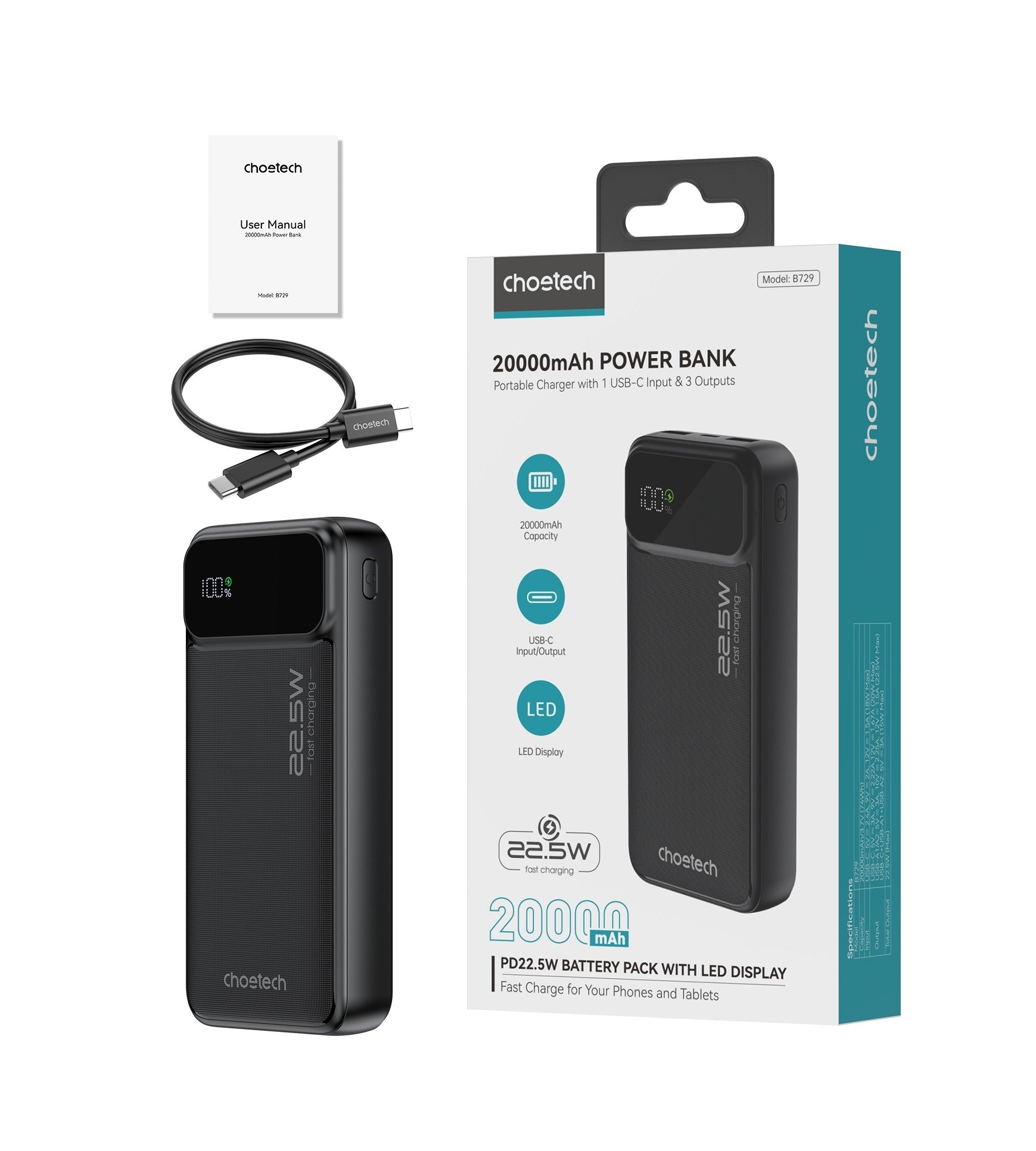 CHOETECH B729 20000mAh Power Bank PD22.5W with Digital Display - SuperSaverAU - view 11