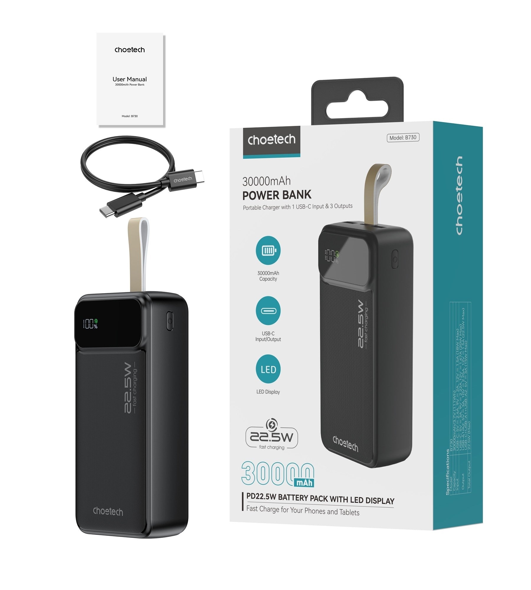 CHOETECH B730 30000mAh Power Bank PD22.5W with Digital Display - SuperSaverAU - view 11