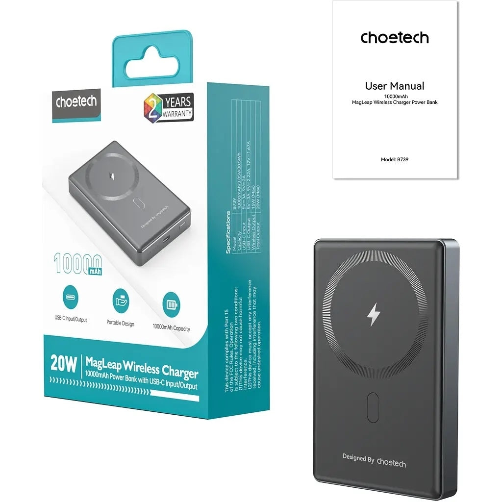 CHOETECH B739-BK 20W Slim USB-C 10000mAh Magnetic Power Bank - Black - SuperSaverAU - view 7