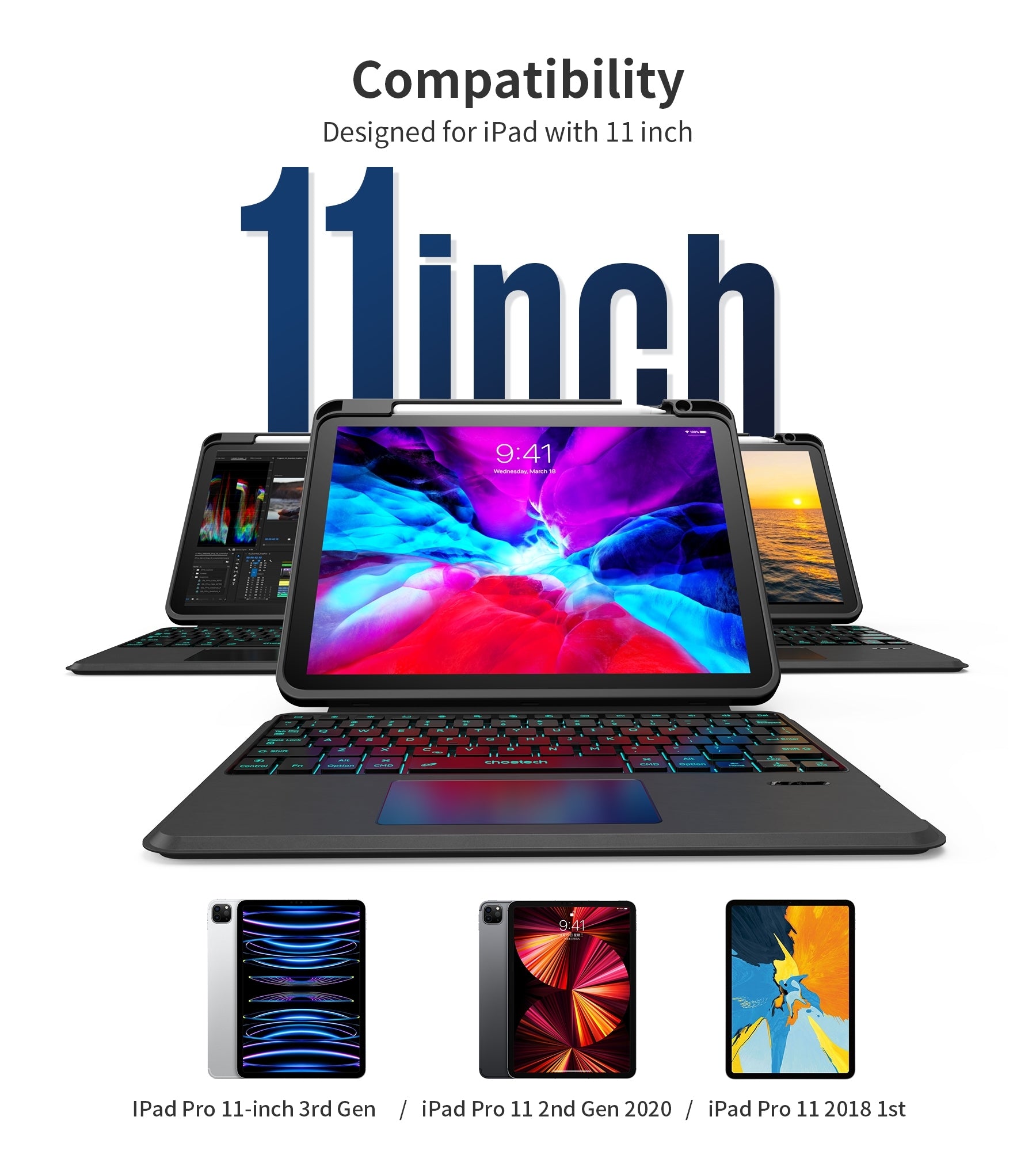 CHOETECH BH-018 Wireless Keyboard with Touchpad and Backlight for iPad Pro 11 " (Black) - SuperSaverAU - view 6